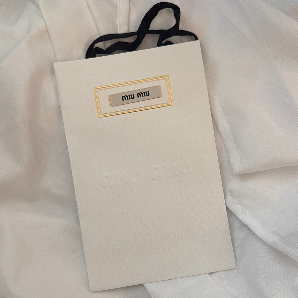 Miu Miu White Gift Bag with Gold Trim and Black Ribbon